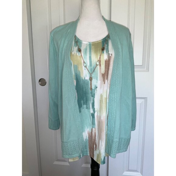 Alfred Dunner Woman Brushstroke Two-For Cardigan With Necklace, size 1X - Picture 2 of 5